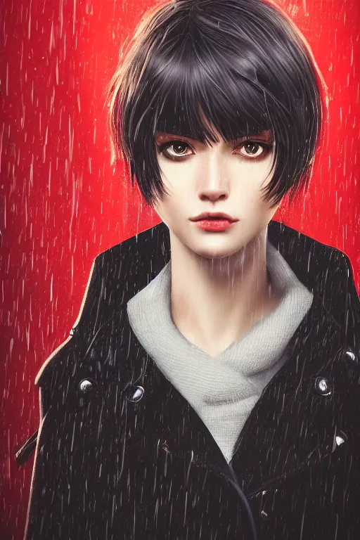 Prompt: highly detailed close-up of a beautiful girl with a very stylish trenchcoat by Ilya Kuvshinov, black medium length Dutch bob cut hair with straight bangs, heavy rain and mist, streetlights, rich cinematic atmosphere, poster, digital art