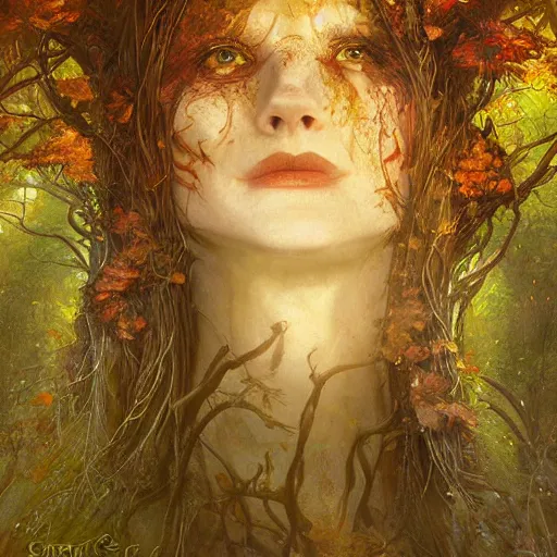 Prompt: portrait of a dryad, in a forest of fey autumn maples, her skin glistens with rainwater, she has a devilish smile and feline eyes, her hair intertwines with roots and foliage by greg rutkowski and brian froud and jessica rossier dark mysterious, filtered evening light