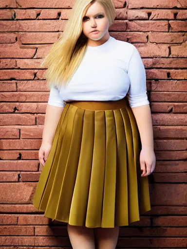 Prompt: a high resolution photo of a cute, plump, chubby, blond, teenage model with short hair wearing a pleated skirt.