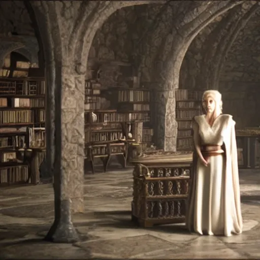 Prompt: Daenerys the Stormborn spells in the Hogwarts transfiguration room, film still