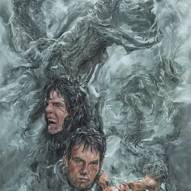 Prompt: two - headed hydra of lerna, jim carey as lloyd christmas beside jeff daniels as harry dunne ( from dumb and dumber ), serpentine water monster, d & d, fantasy, portrait, highly detailed, digital painting, trending on artstation, concept art, sharp focus, illustration, art by artgerm and greg rutkowski and magali villeneuve