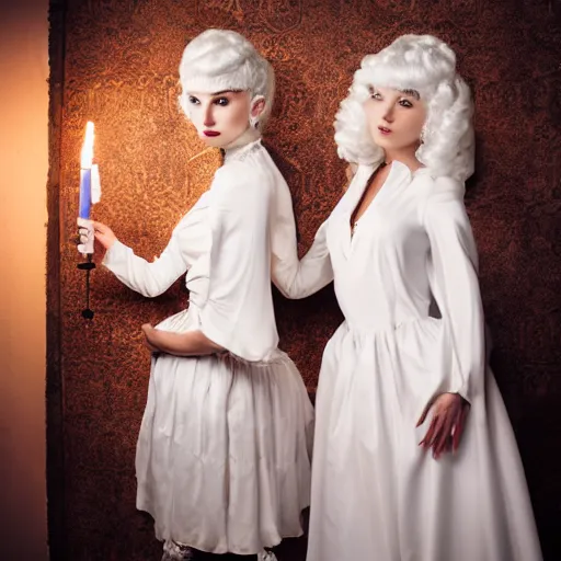 Prompt: photograph of two women with baroque white dresses and white baroque wigs in a hall, candle light fashion photography