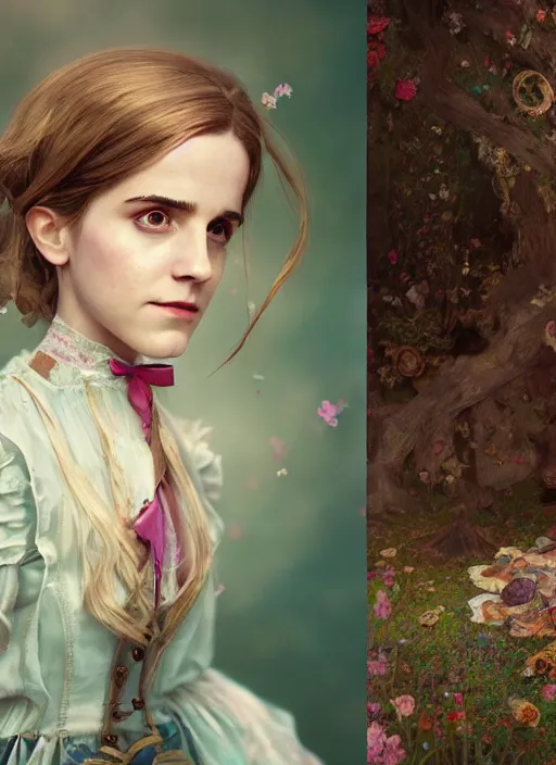 Image similar to portrait of alice in the wonderland as emma watson, hyper detailed, digital art, cinematic lighting, studio quality, smooth render, unreal engine 5, octane rendered, art style by klimt and nixeu and ian sprigger and wlop and krenz cushart.