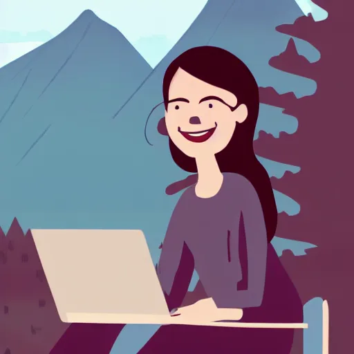 Image similar to illustration of a smiling female software developer sitting outside in front of a modern campus building working on a laptop with beautiful mountains in the background, digital art, high detail, summer, alps, 4k, cartoon