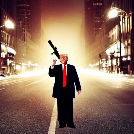 Image similar to “Very photorealistic photo of Donald Trump standing in the middle of Fifth Avenue and shooting somebody, atmospheric lighting, award-winning”