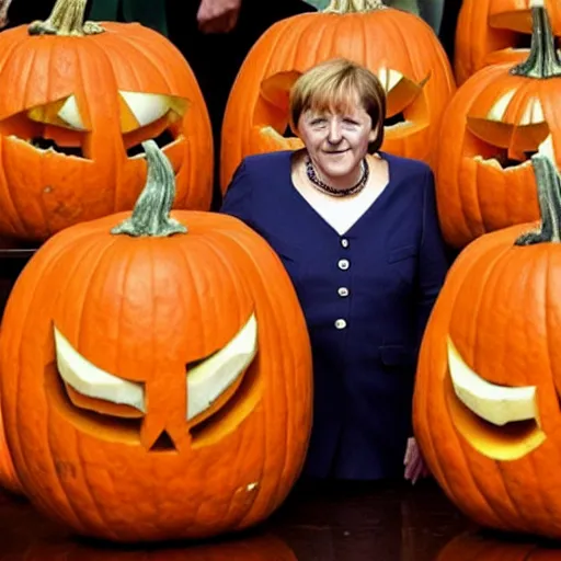 Image similar to angela merkel is the award winning pumpkin head of halloween.