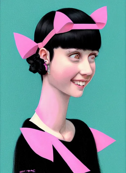 Image similar to portrait of high school girl, realistic, black hair, bangs, half updo hairstyle, pointy nose, skinny, smile, ugly, defined jawline, big chin, pink hair bow, earrings, intricate, elegant, glowing lights, highly detailed, digital painting, artstation, sharp focus, illustration, art by wlop, mars ravelo and greg rutkowski