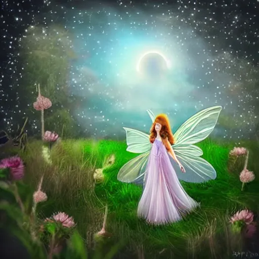 Prompt: A realistic looking fairy in the field she’s wearing glowing jewelry she looks mystified you can see the moon in the background, very artistic, highly detailed