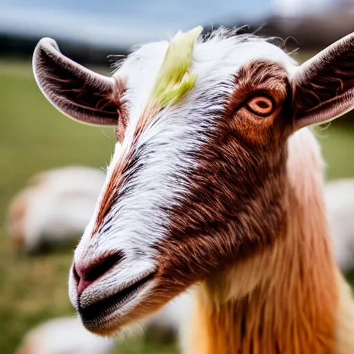 Image similar to a goat with peaches stuck on its horns, 8 k, 4 k, professional photography, award winning photo