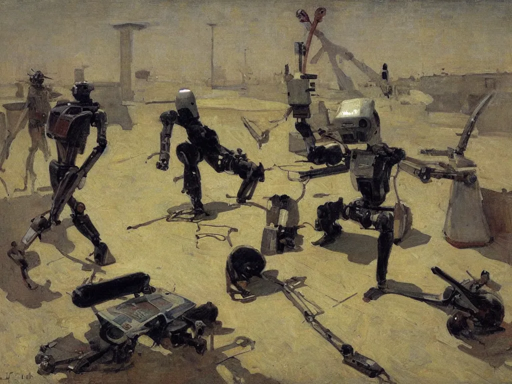 Prompt: a robot is killing a man,Ilya Efimovich Repin.
