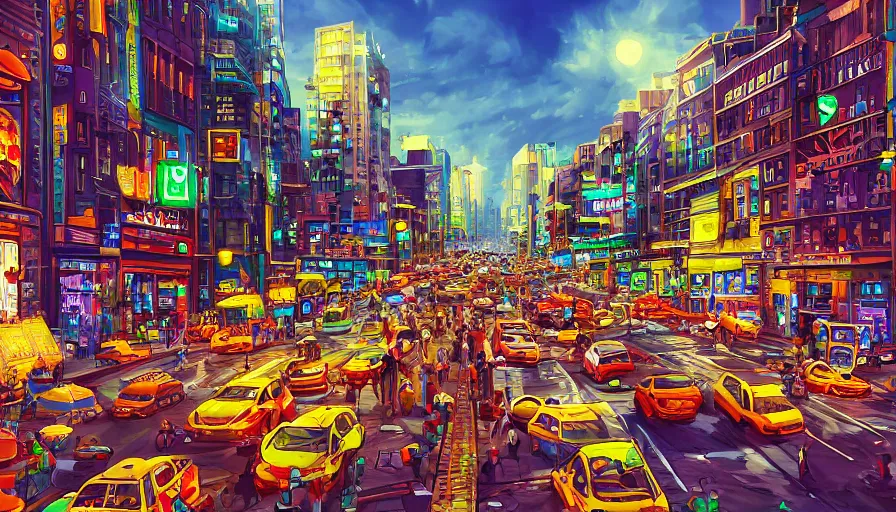 Prompt: a busy city street, digital art, highly detailed, realistic, bright colors, 8 k