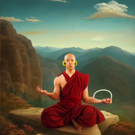 Prompt: a painting of a monk wearing headphones meditating on top of a mountain, style by joseph christian, detailed, coherence, smooth, hyper detailed, studio quality