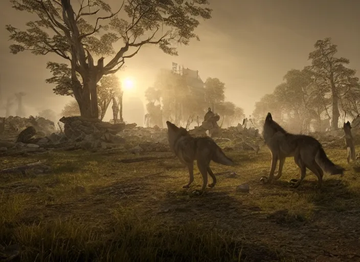 Image similar to a pack of giant wolfs walk through the ruins of a viking village, horror, dramatic lighting, dawn, by caspar david friedrich, unreal engine 5