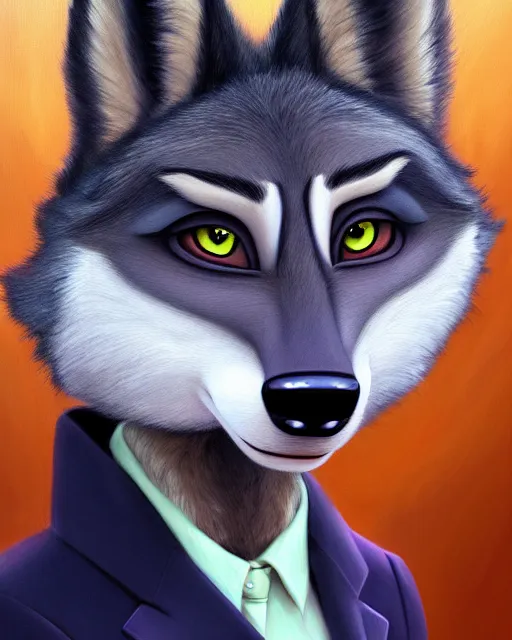 Image similar to oil painting of anthromorphic female wolf, in style of zootopia, female fursona, furry, furaffinity, 4 k, deviantart, furry art, fursona art, wearing black business suit, business suit, wolf fursona, female, very expressive detailed feminine face,