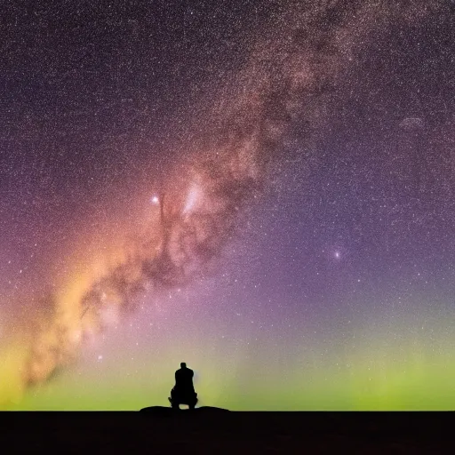 Image similar to 4K Epic Ultra HD detailed award-winning wallpaper silhouette of lonely man standing on rock looking at huge vast sky universe Milky Way aurora