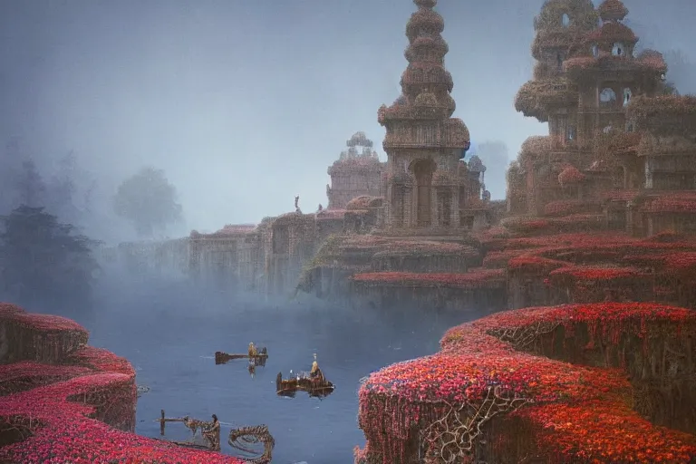 Image similar to photography of a beautiful archipelago of never seen before stunning ancient indian temple and palaces. complex intricate pilars patern, runes. trees water and flowers. afternoon light inspiring science fiction, intricate, elegant, uplifting, inspirational, highly detailed by beksinski and simon stalenhag