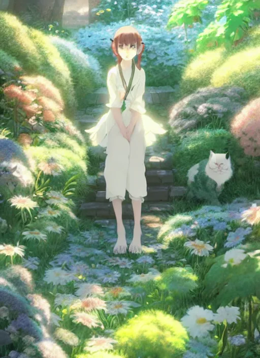Prompt: portrait of a cute cat in an enchanted garden, digital illustration, by makoto shinkai and ruan jia and studio ghibli