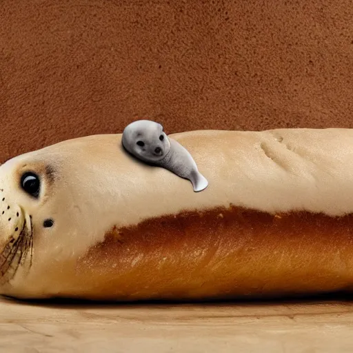 Image similar to baby seal disguised as a loaf of bread, hiding in a bakery, photo, detailed, 4k