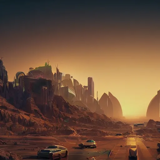 Image similar to futuristic glowing desert metropolis, beautiful dynamic lighting, cinematic, wide angle establishing shot, extremely high detail, photo realistic, cinematic lighting, post processed, concept art, artstation, matte painting, style by eddie mendoza, raphael lacoste, alex ross, volumetric lighting, light rays, photorealistic, ultrarealistic, moody, coronarender, 8k