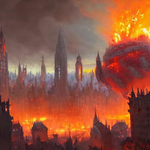 Prompt: A hyper detailed painting of a medieval city being bombarded with flaming rocks, a blue fire tornado in the centre of it destroying the city, dark fantasy, by Greg Rutkowski, trending on artstation