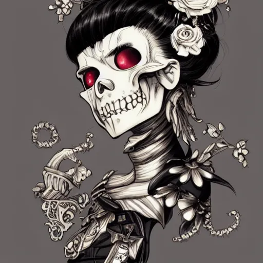 Image similar to anime manga skull portrait young woman skeleton, cuphead, steamboat willy, intricate, elegant, highly detailed, digital art, ffffound, art by JC Leyendecker and sachin teng