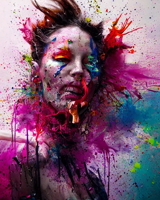 Prompt: a woman with a septum piercing, defiant, passionate, spotlight, paint drips, paint splatter, vibrant colors, dramatic, canvas texture, futuristic clothing, by marco paludet, by jeremy mann