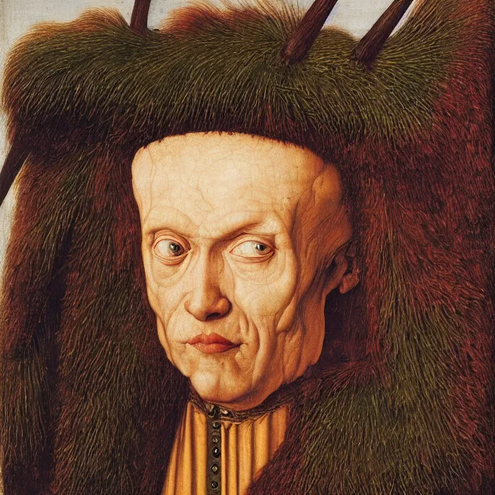 Image similar to close up portrait of a mutant monster creature with very long eyelashes that go up, covering the entire forehead. colorful painting by jan van eyck, audubon