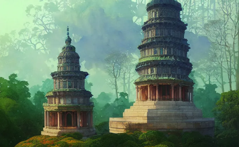 Prompt: neoclassical tower with dome on the forest. intricate, centered, amazing composition, colorful watercolor, by ruan jia, by maxfield parrish, by marc simonetti, by hikari shimoda, by robert hubert, by zhang kechun, illustration, gloomy