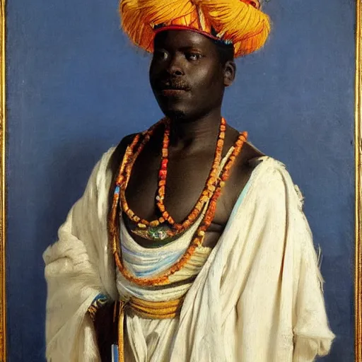 Image similar to royal portrait of king of dahomey outdoors dressed in airy blue and white benin toga and sandals, 1905, brightly coloured oil on canvas, by ilya repin