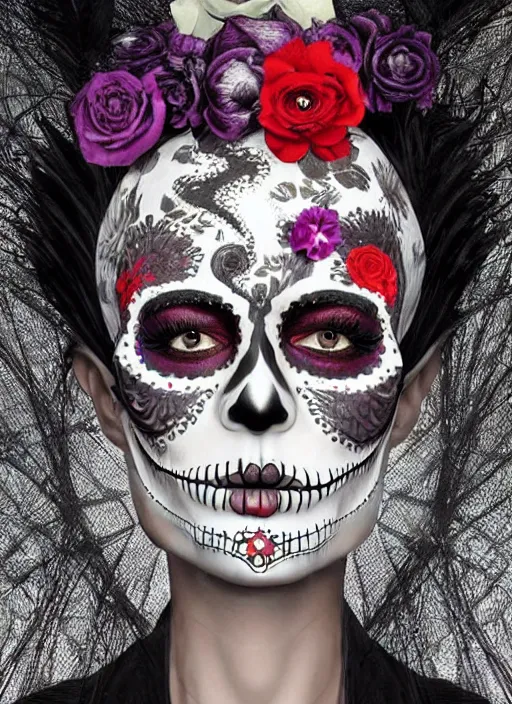 Image similar to dia de los muertos theme surrealist art in the styles of igor morski, jim warren, and aida muluneh, intricate, hyperrealistic, accurate facial details, profile picture with chromakey!!!!! background, volumetric lighting