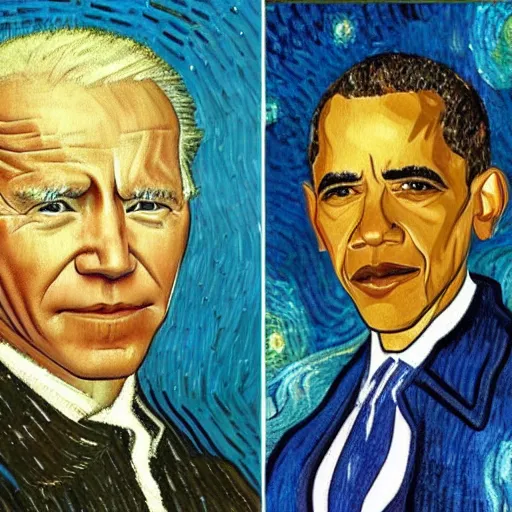 Image similar to a fusion of Barack Obama and Joe Biden painted by Vincent Van Gogh, presidential fusion, mix of Biden and Obama, oil painting