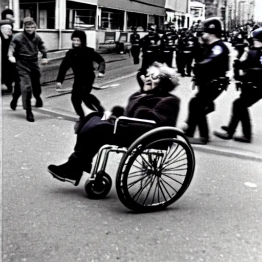Image similar to Old woman in a wheelchair is chased by the police. photo. 1970.