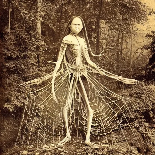 Image similar to 1860 photo of an old freak show spider-woman, on the middle of a forest, spooky , veins, arteries, intricate, golden ratio, full frame, elegant, highly detailed, ornate, ornament, sculpture, elegant , luxury, beautifully lit, ray trace, 3d, PBR