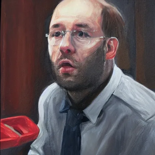 Prompt: a detailed portrait painting of joel glazer from manchester stuck in on the toilet