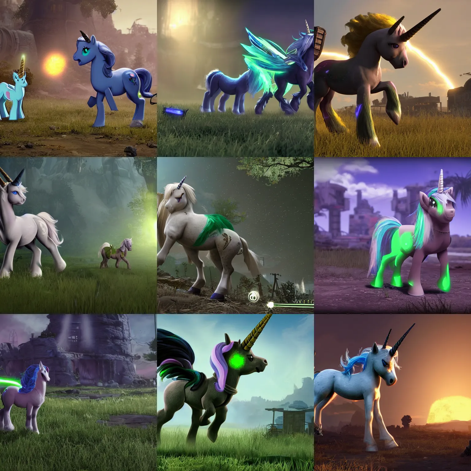 Prompt: ps 4 gameplay screenshot | fallout : equestria | white unicorn pony with brown shaggy mane with glowing green magic around her horn | quadrupedal, epic lighting | solo pony treading ponyville ruins | trending on derpibooru, 8 k, my little pony : friendship is magic, fallout, crossover, glowing green magic around her horn