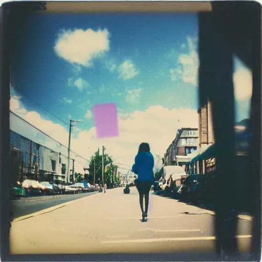 Prompt: colorful instant photograph of a woman in the middle of the street, polaroid, light leak, raw, nostalgic, daylight, blue sky, clouds