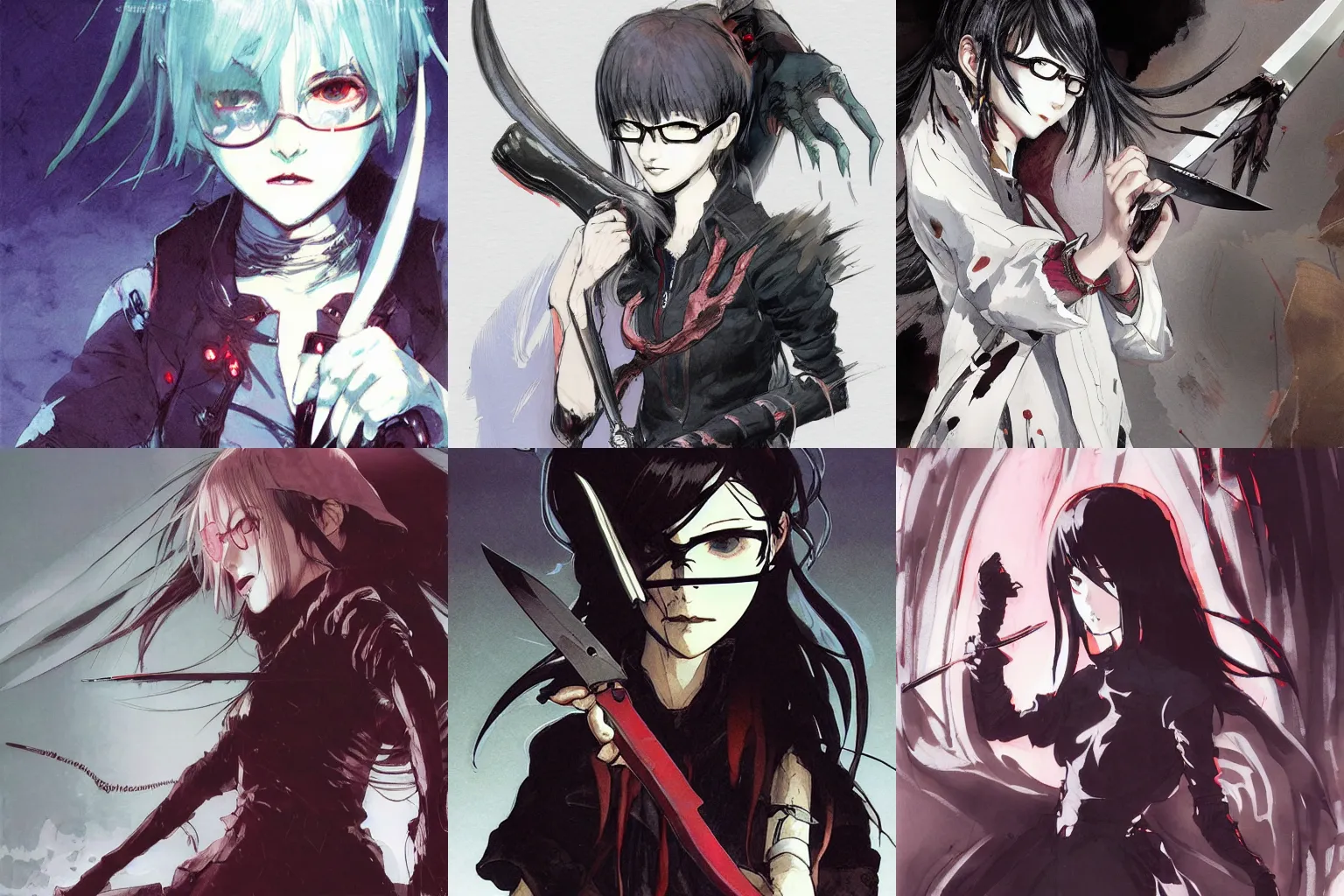 Prompt: concept art of a vampire girl with round glasses, holding a knife, draw by akihiko yoshida and tsutomu nihei and makoto shinkai and wadim kashin and john berkey and yoji shinkawa