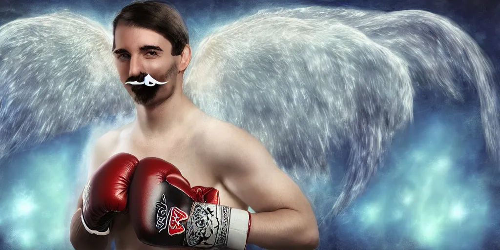 Image similar to an angelic man with boxing gloves, angel wings, a halo and a mustache, digital art