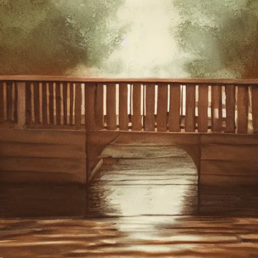 Prompt: an bottomless pit of water with a wooden bridge above it, liminal, the backrooms