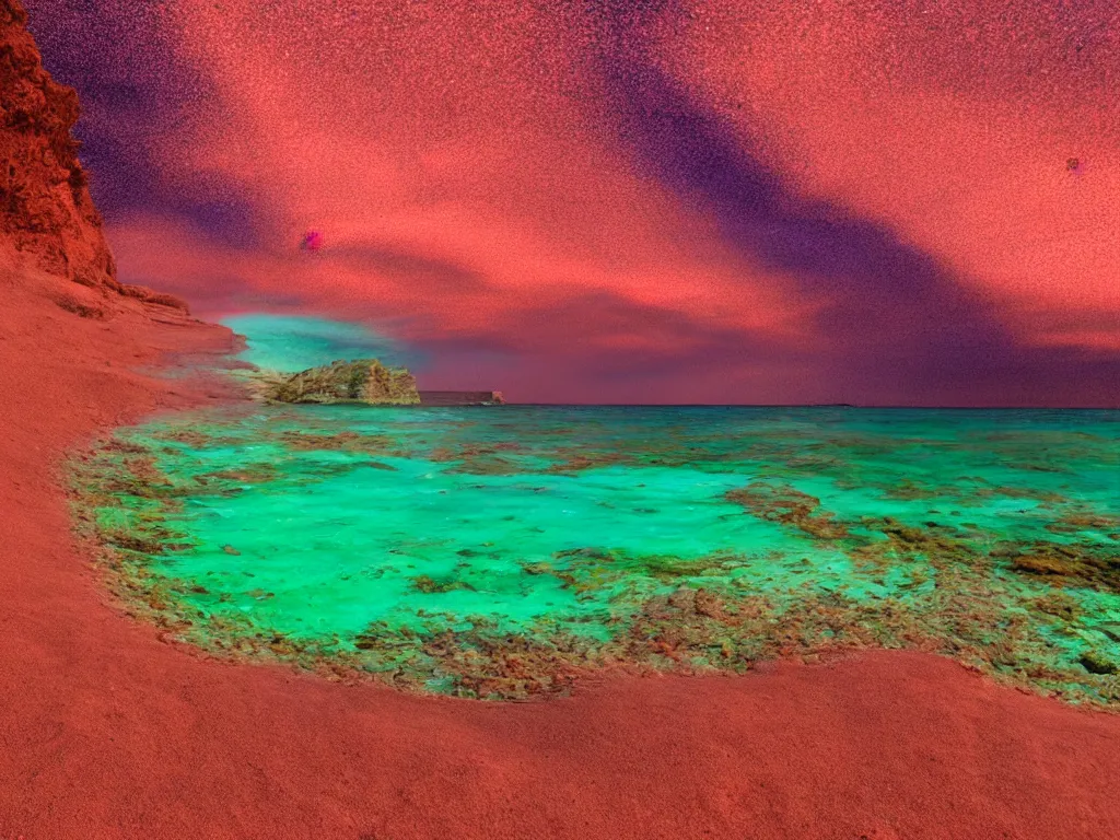 Image similar to purple refrigerator, red sand beach, green ocean, nebula sunset