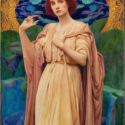 Image similar to princess of the dawn mountains, by annie swynnerton and charlie bowater and diego rivera and nicholas roerich and jean delville and evelyn de morgan, dramatic lighting, brocade robes, elaborate floral ornament, rich colors, smooth sharp focus, extremely detailed