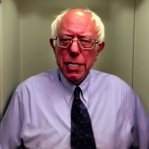 Image similar to grainy photo of bernie sanders as a creepy monster in a closet, harsh flash