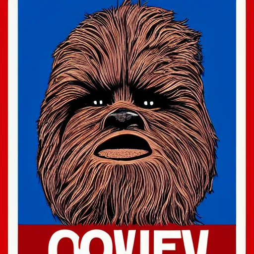 Image similar to chewbacca presidential election poster showing close up of chewbacca face red and blue duotone screenprint by sheperd fairey