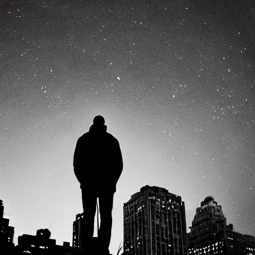 Image similar to man looking at the sky in new york square, night time, filmic, dramatic, night vision, wide angle, vignette, monochrome, 4 k, 8 k, sad, nightlight, cinematic lighting, insanely detailed and intricate, hypermaximalist, elegant, ornate, hyper realistic, super detailed