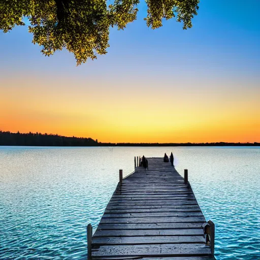 Image similar to a small dock on a quiet green lake, sunset, golden hour, beautiful lighting, peaceful, trees, high quality, high resolution