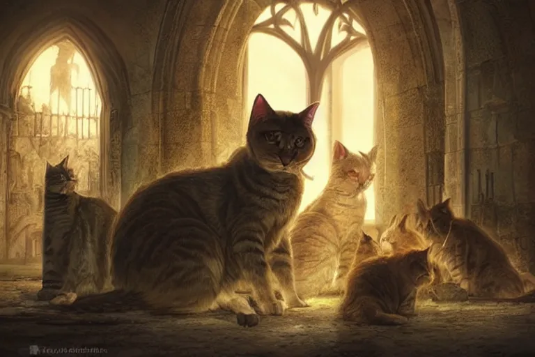 Prompt: concept art of ancient cathedral of forgotten cat people, ritual, many cats national geographic, high fantasy, strong perspective, sacred perfect lighting,