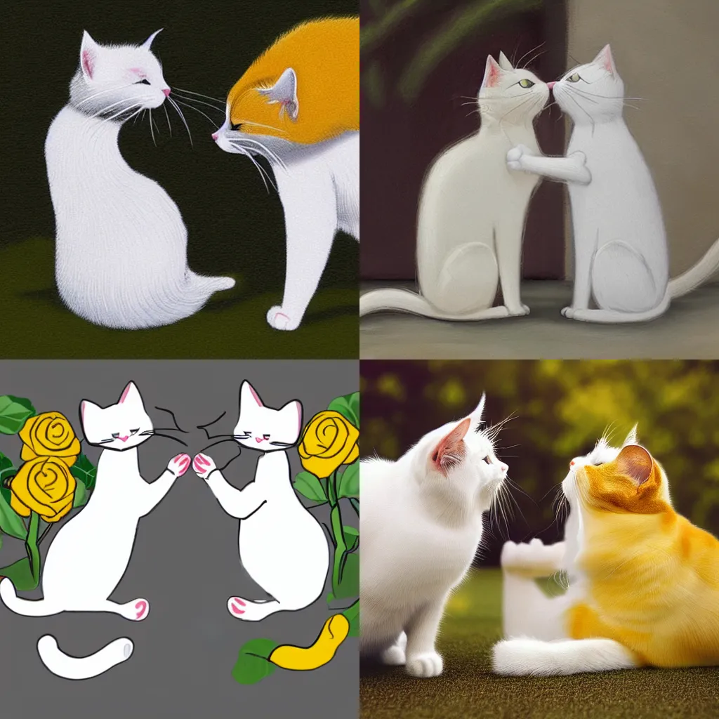 Prompt: white cat and yellow cat are kissing, realistic