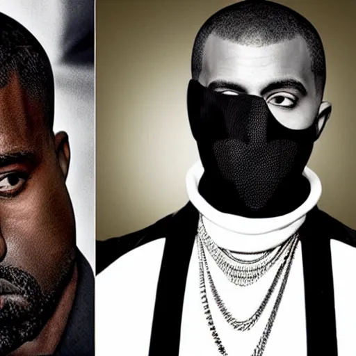Prompt: Surrealist digital magazine collage art of Kanye West wearing his Donda Listening Party black spiked leather balenciaga jacket and black mask, monochromatic