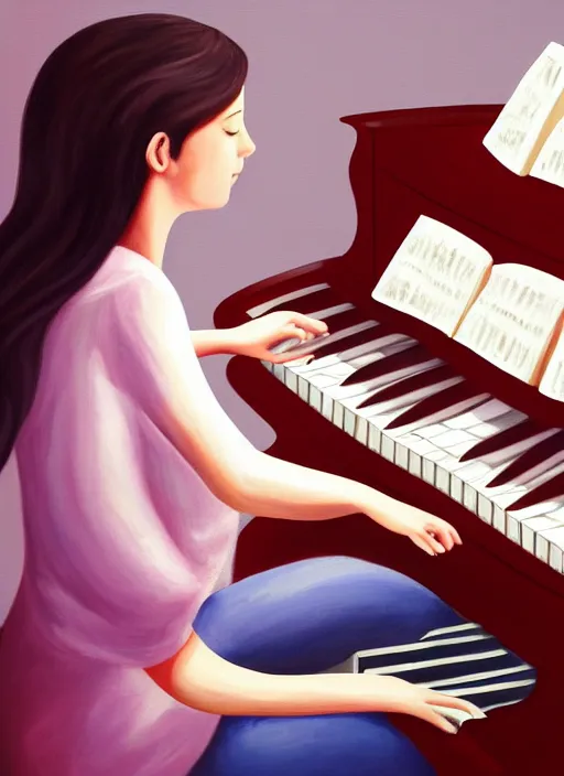 Prompt: kave painting of gril playing piano, 4 k, high quality, sharp fucos