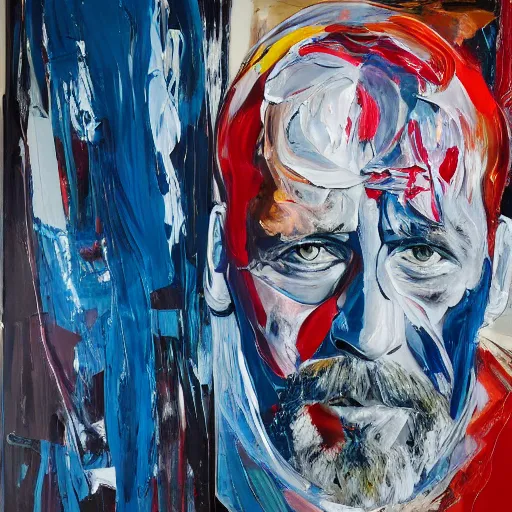 Image similar to _ in _ these _ paintings _ we _ see _ a _ big _ man _ who _ seem _ to _ be _ walking _ in _ circles in an empty void space, 4 k, in the style of ben quilty, minimal red and blue palette, medium shot, oil paint with thick brushstrokes of paint, impasto, detailed,